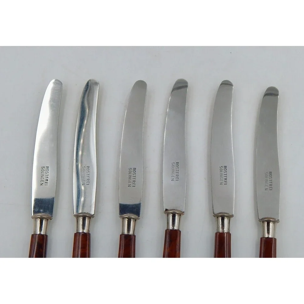 Rostfrei Solingen Dessert Knife 6 Pc Set Wood Grain Bakelite Handle Box 1930s